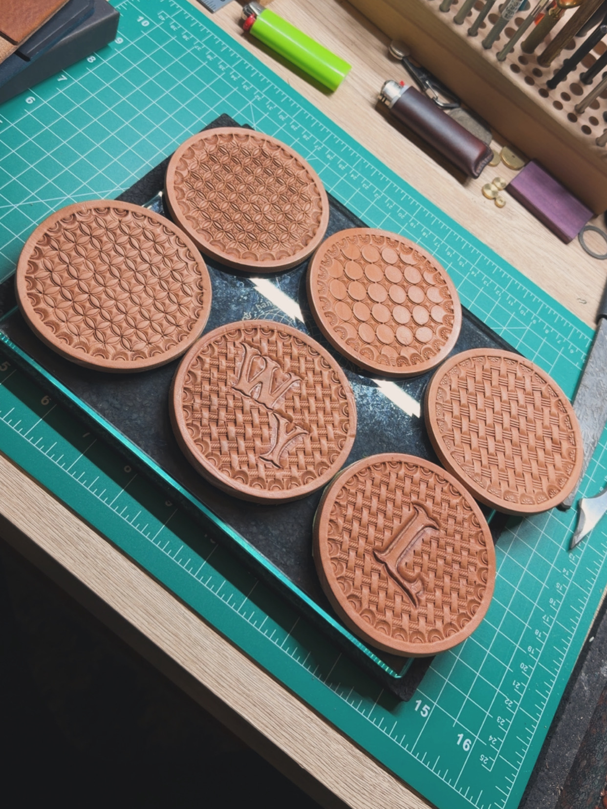 Stamped leather coaster set